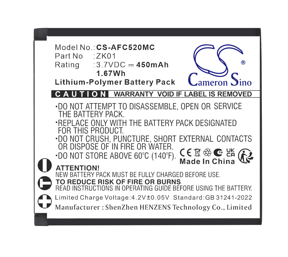 3.7V, Li-Polymer, 450mAh, Camera battery fits AgfaPhoto, ZK01, Realishot DC5200, 1.67Wh Camera Cameron Sino Technology Limited