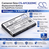 3.7V, Li-ion, 900mAh, Camera battery fits AgfaPhoto, ABL5B, DC8200, DC9200, 3.33Wh Camera Cameron Sino Technology Limited