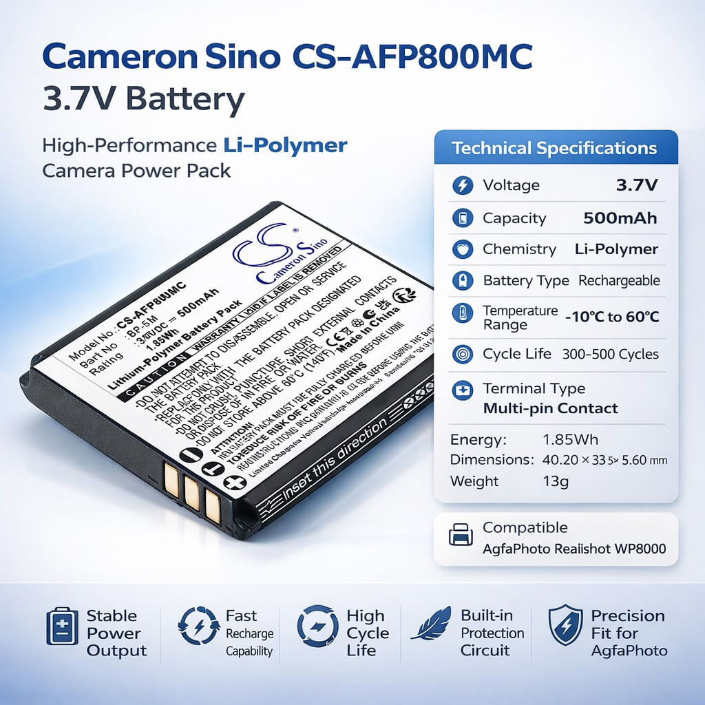 3.7V, Li-Polymer, 500mAh, Camera battery fits AgfaPhoto, BP-5M, Realishot WP8000, 1.85Wh Camera Cameron Sino Technology Limited