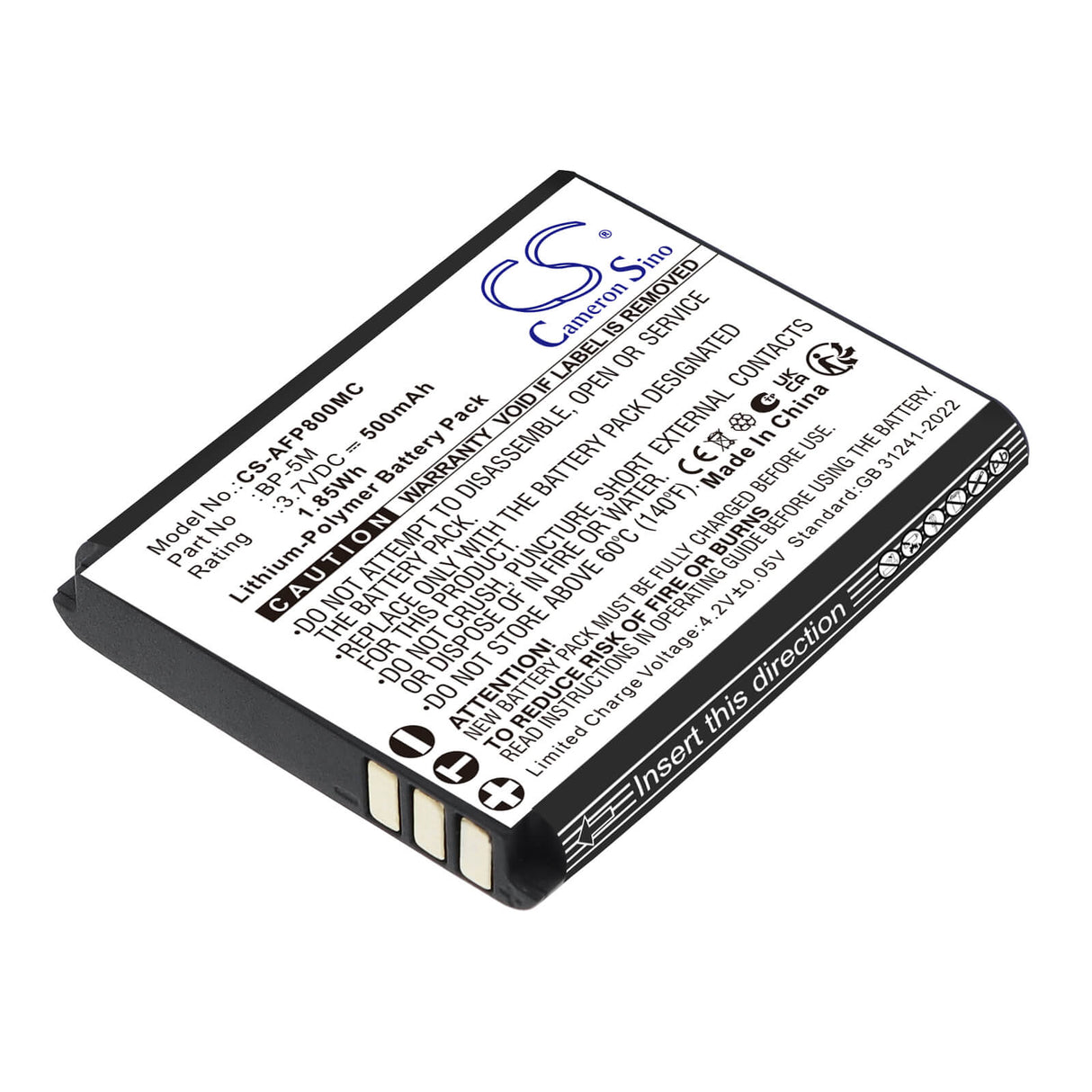 3.7V, Li-Polymer, 500mAh, Camera battery fits AgfaPhoto, BP-5M, Realishot WP8000, 1.85Wh Camera Cameron Sino Technology Limited