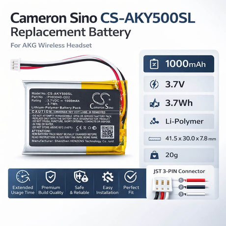 3.7V, Li-Polymer, 1000mAh, Wireless Headset battery fits AKG, P083040-Q02, C50BT, Y50BT, 3.7Wh Wireless Headset Cameron Sino Technology Limited