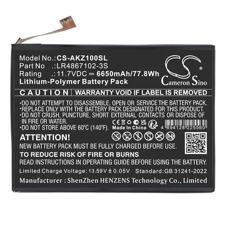 11.7V, Li-Polymer, 6650mAh, Game Console battery fits AOKZOE, LR4867102-3S, A1L, A1 Pro, 77.8Wh Game Console Cameron Sino Technology Limited