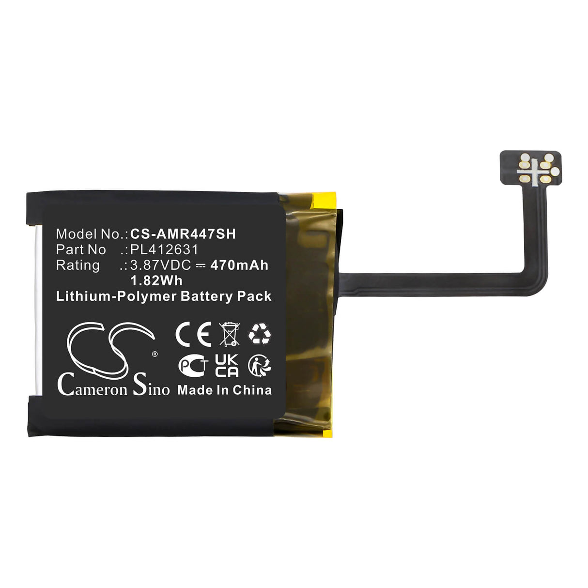 3.87V, Li-Polymer, 470mAh, Smartwatch battery fits Amazfit, PL412631, GTR 4 47mm, 1.82Wh Smartwatch Cameron Sino Technology Limited