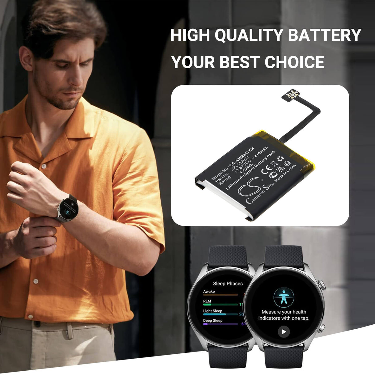 3.87V, Li-Polymer, 470mAh, Smartwatch battery fits Amazfit, PL412631, GTR 4 47mm, 1.82Wh Smartwatch Cameron Sino Technology Limited