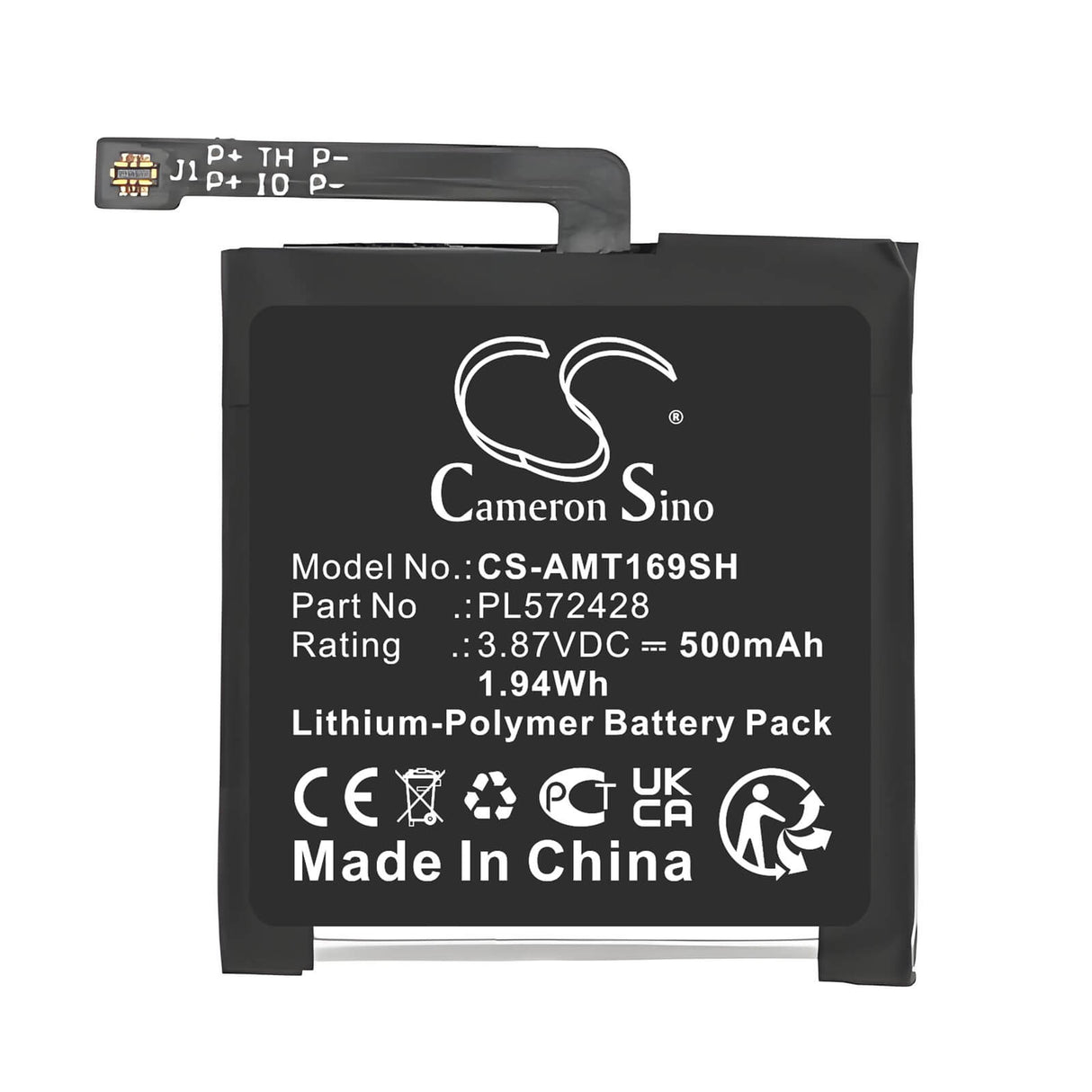 3.87V, Li-Polymer, 500mAh, Smartwatch battery fits Amazfit, PL572428, A2169, A2170, 1.94Wh Smartwatch Cameron Sino Technology Limited