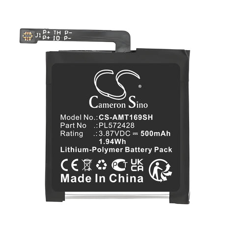 3.87V, Li-Polymer, 500mAh, Smartwatch battery fits Amazfit, PL572428, A2169, A2170, 1.94Wh Smartwatch Cameron Sino Technology Limited