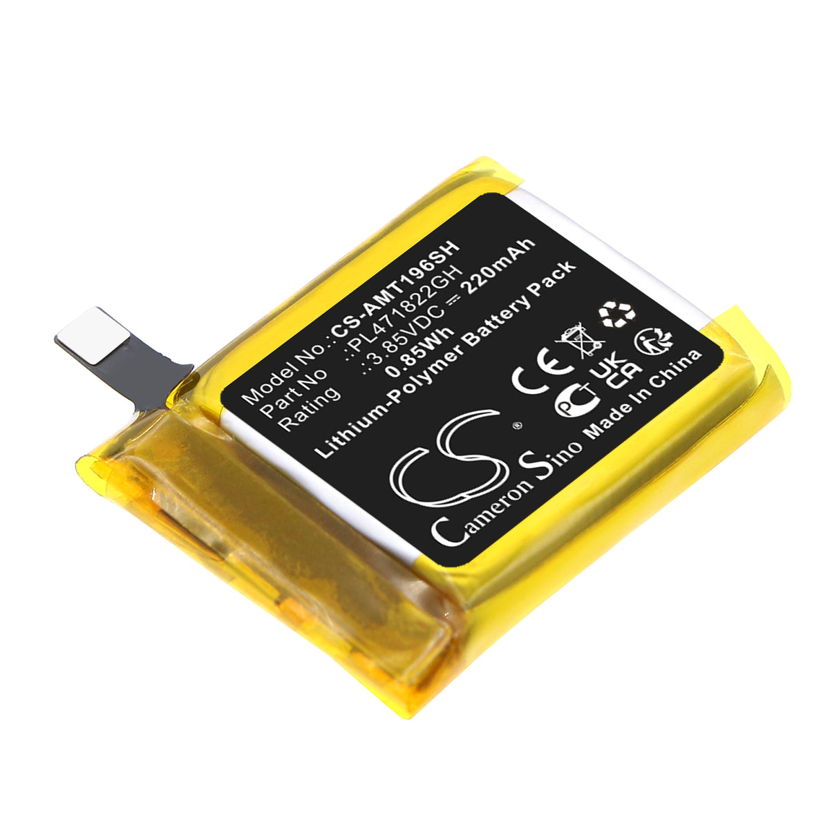 3.85V, Li-Polymer, 220mAh, Smartwatch battery fits Amazfit, PL471822GH, A1969, GTS 2E, 0.85Wh Smartwatch Cameron Sino Technology Limited