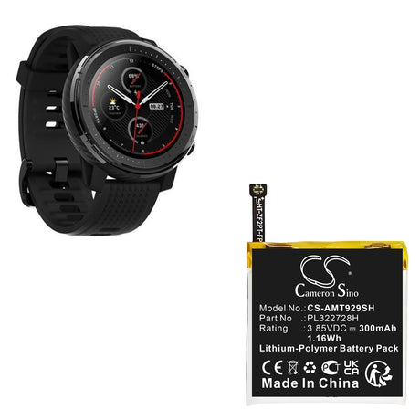 3.85V, Li-Polymer, 300mAh, Smartwatch battery fits Amazfit, Pl322728h, A1929, Stratos 3, 1.16Wh Smartwatch Cameron Sino Technology Limited