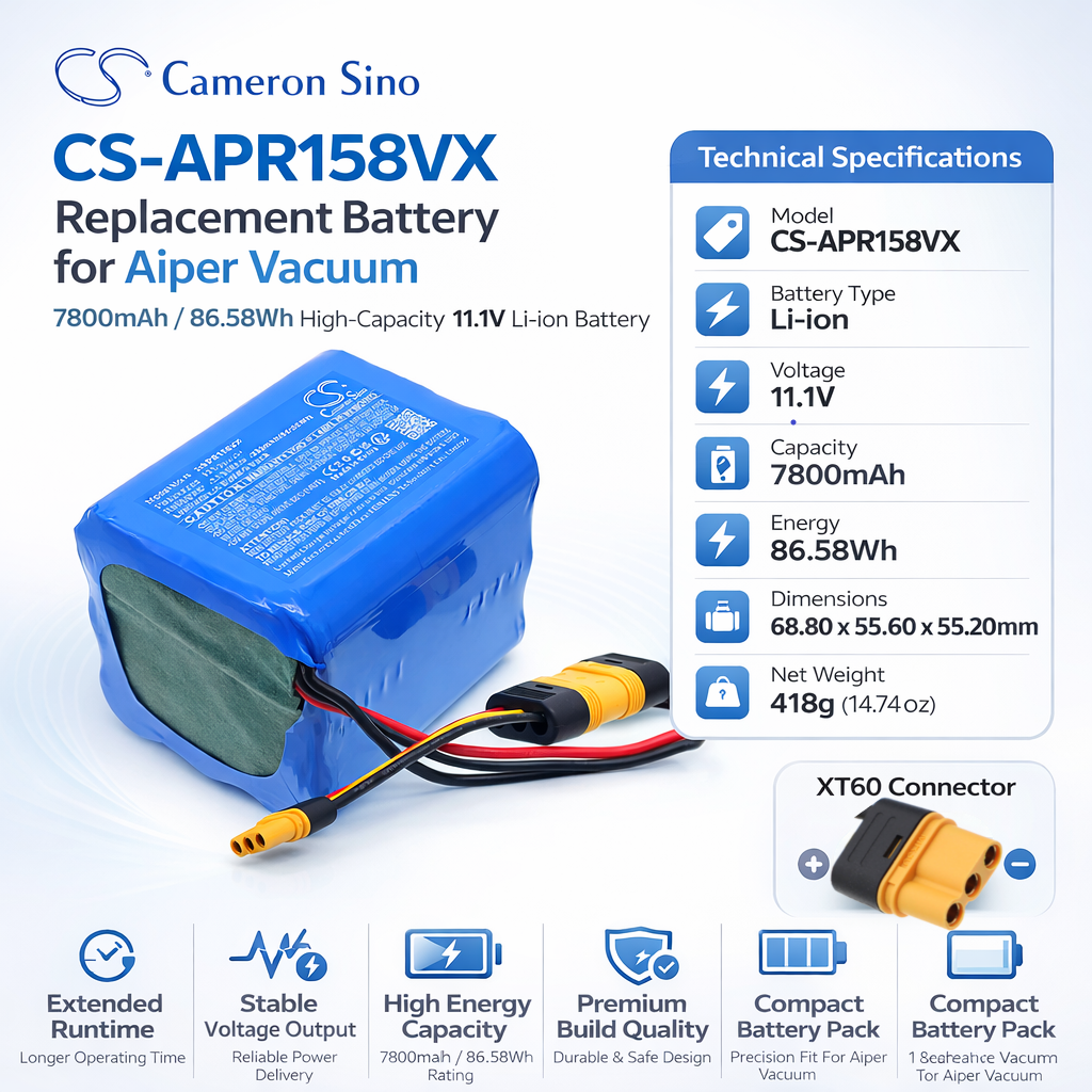 11.1V, Li-ion, 7800mAh, Vacuum battery fits Aiper, HYY0345158, Seagull Plus Pool Vacuum, 86.58Wh Vacuum Cameron Sino Technology Limited