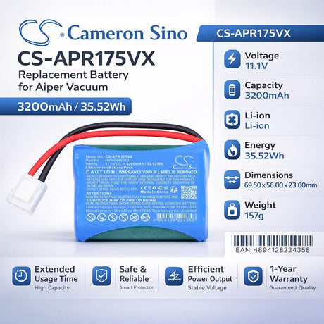 11.1V, Li-ion, 3200mAh, Vacuum battery fits Aiper, HYY0345210, Scuba SE Pool Vacuum Cleaner, 35.52Wh Vacuum Cameron Sino Technology Limited