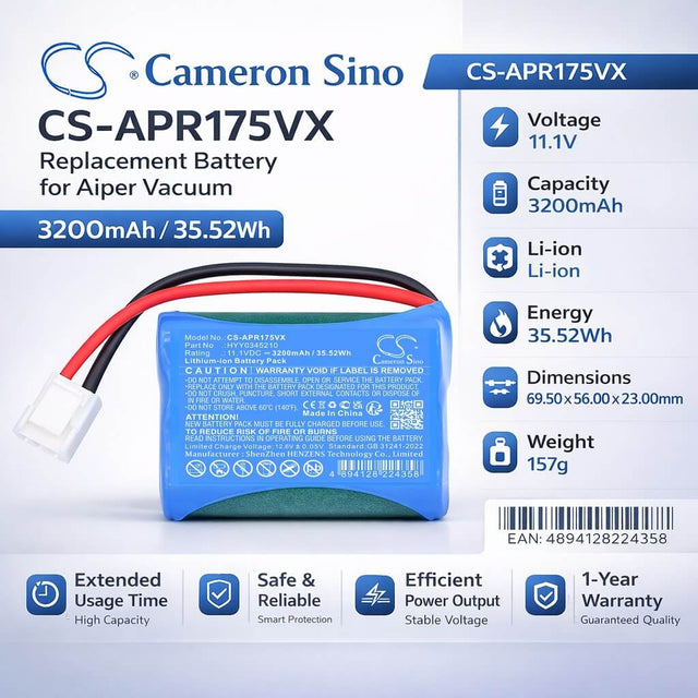 11.1V, Li-ion, 3200mAh, Vacuum battery fits Aiper, HYY0345210, Scuba SE Pool Vacuum Cleaner, 35.52Wh Vacuum Cameron Sino Technology Limited