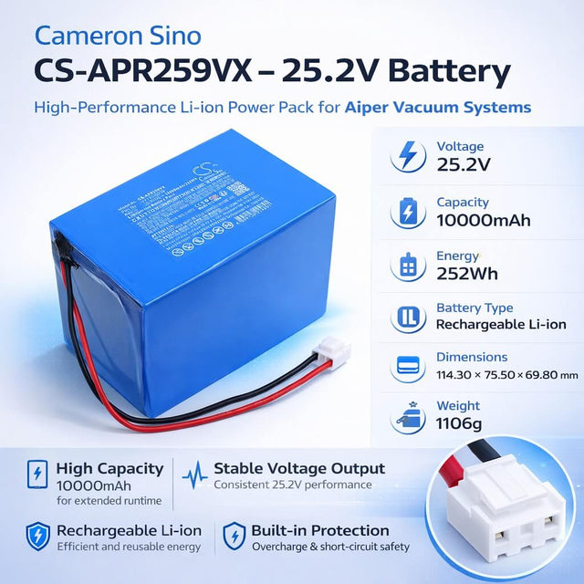 25.2V, Li-ion, 10000mAh, Vacuum battery fits Aiper, HYY0345259, Seagull 3000 Wall-Climbing Cordless Pool Cleaner, 252Wh Vacuum Cameron Sino Technology Limited (Dangerous Goods)
