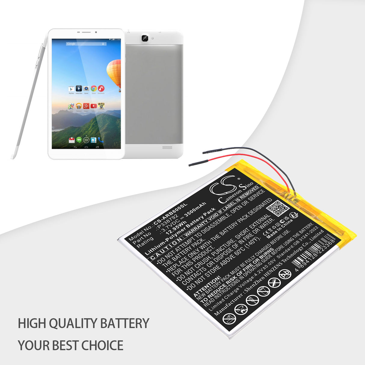 3.7V, Li-Polymer, 3500mAh, Tablet battery fits Archos, P338792, 8OB Xenon, 12.95Wh Tablet Cameron Sino Technology Limited