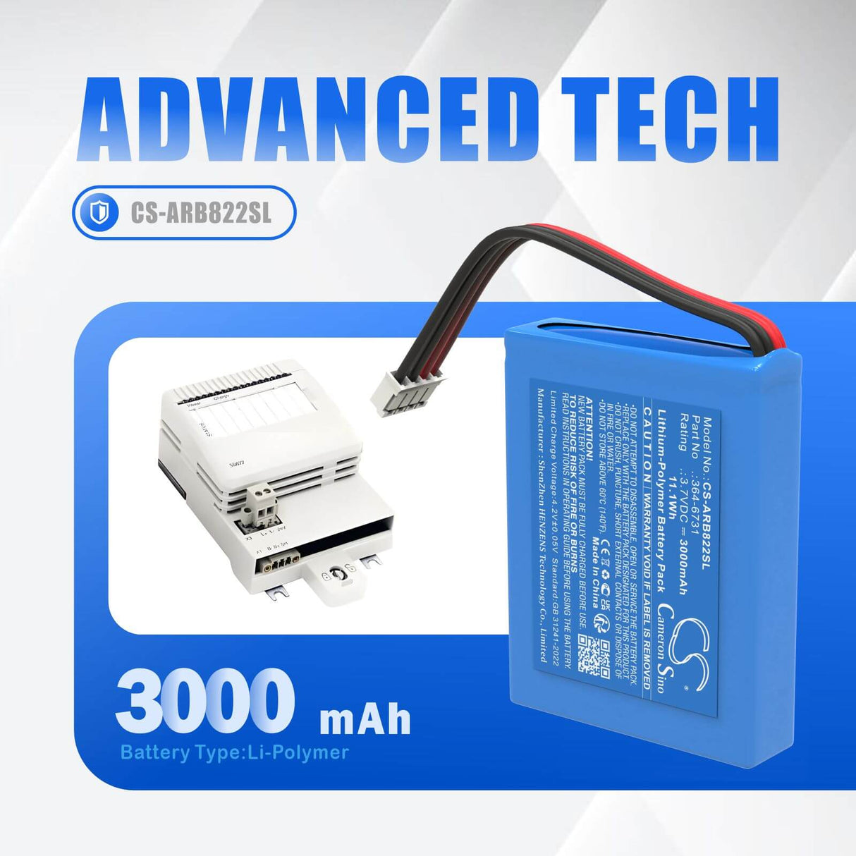 3.7V, Li-Polymer, 3000mAh, PLC battery fits Abb, 364-6731, 3BSC760019E1, 11.1Wh PLC Cameron Sino Technology Limited