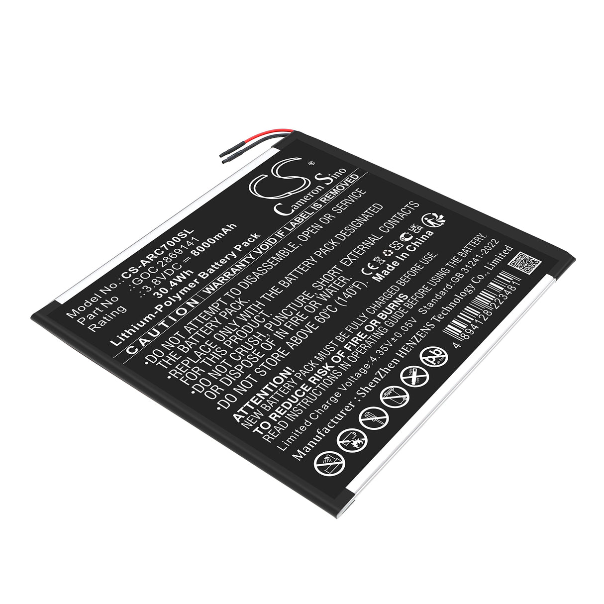 3.8V, Li-Polymer, 8000mAh, Tablet battery fits Archos, GOC 2869141, 101B Oxygen, AC101BOX, 30.4Wh Tablet Cameron Sino Technology Limited