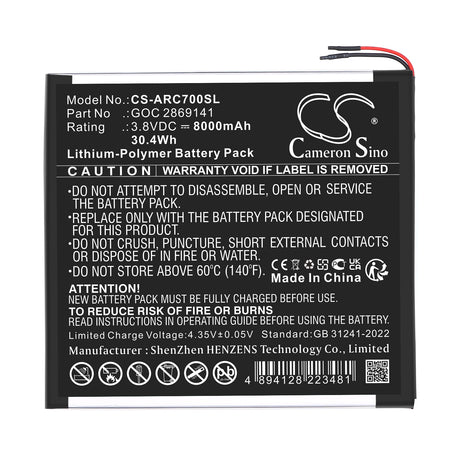 3.8V, Li-Polymer, 8000mAh, Tablet battery fits Archos, GOC 2869141, 101B Oxygen, AC101BOX, 30.4Wh Tablet Cameron Sino Technology Limited