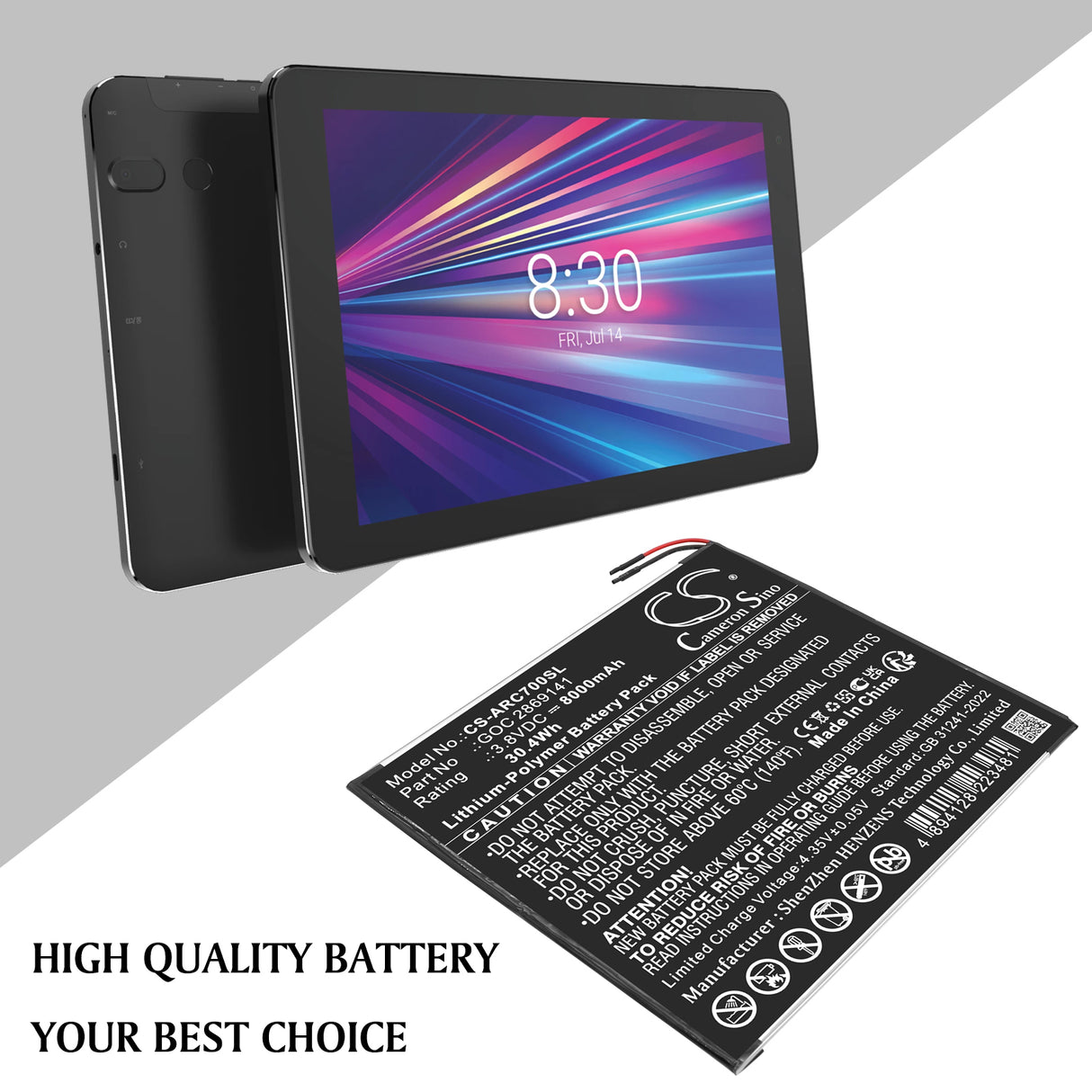 3.8V, Li-Polymer, 8000mAh, Tablet battery fits Archos, GOC 2869141, 101B Oxygen, AC101BOX, 30.4Wh Tablet Cameron Sino Technology Limited