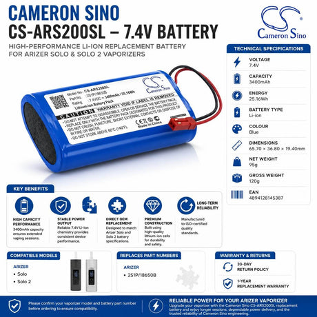 Dry herb vaporizer battery For Arizer, Solo, Solo 2 7.4v, 3400mah - 25.16wh Dry Herb Vaporizers Cameron Sino Technology Limited