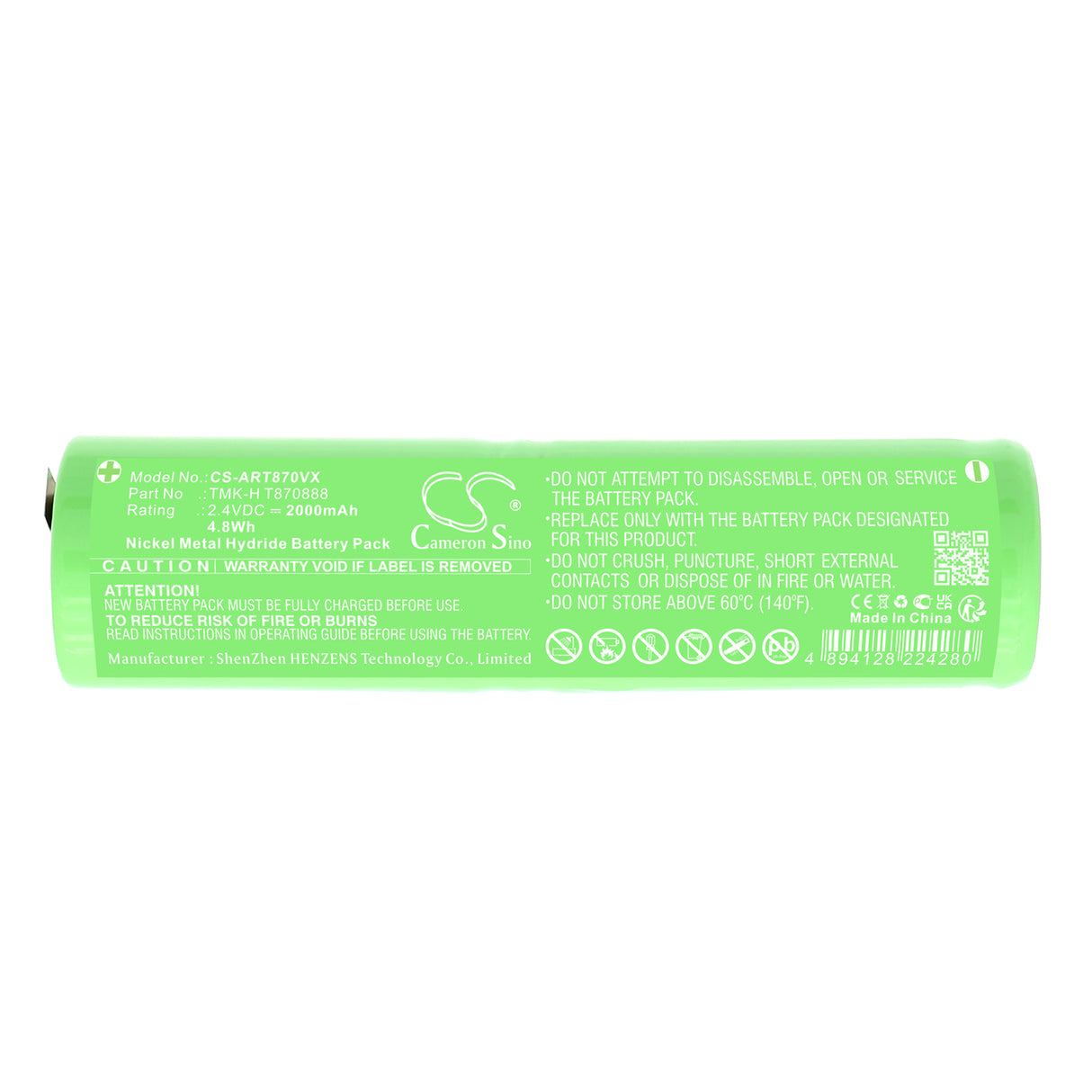 2.4V, Ni-MH, 2000mAh, Vacuum battery fits Ariete, TMK-H T870888, 00C0440A0AR0 TYPE: 440/A, 00C0440A1AR0, 4.8Wh Vacuum Cameron Sino Technology Limited