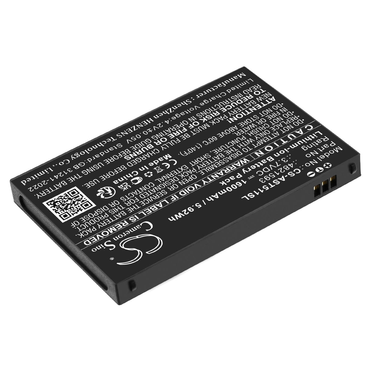 3.7V, Li-ion, 1600mAh, Alarm System battery fits Assa Abloy, 4821593, Vingcard Elsafe, Vot1511l2r01, 5.92Wh Alarm System Cameron Sino Technology Limited