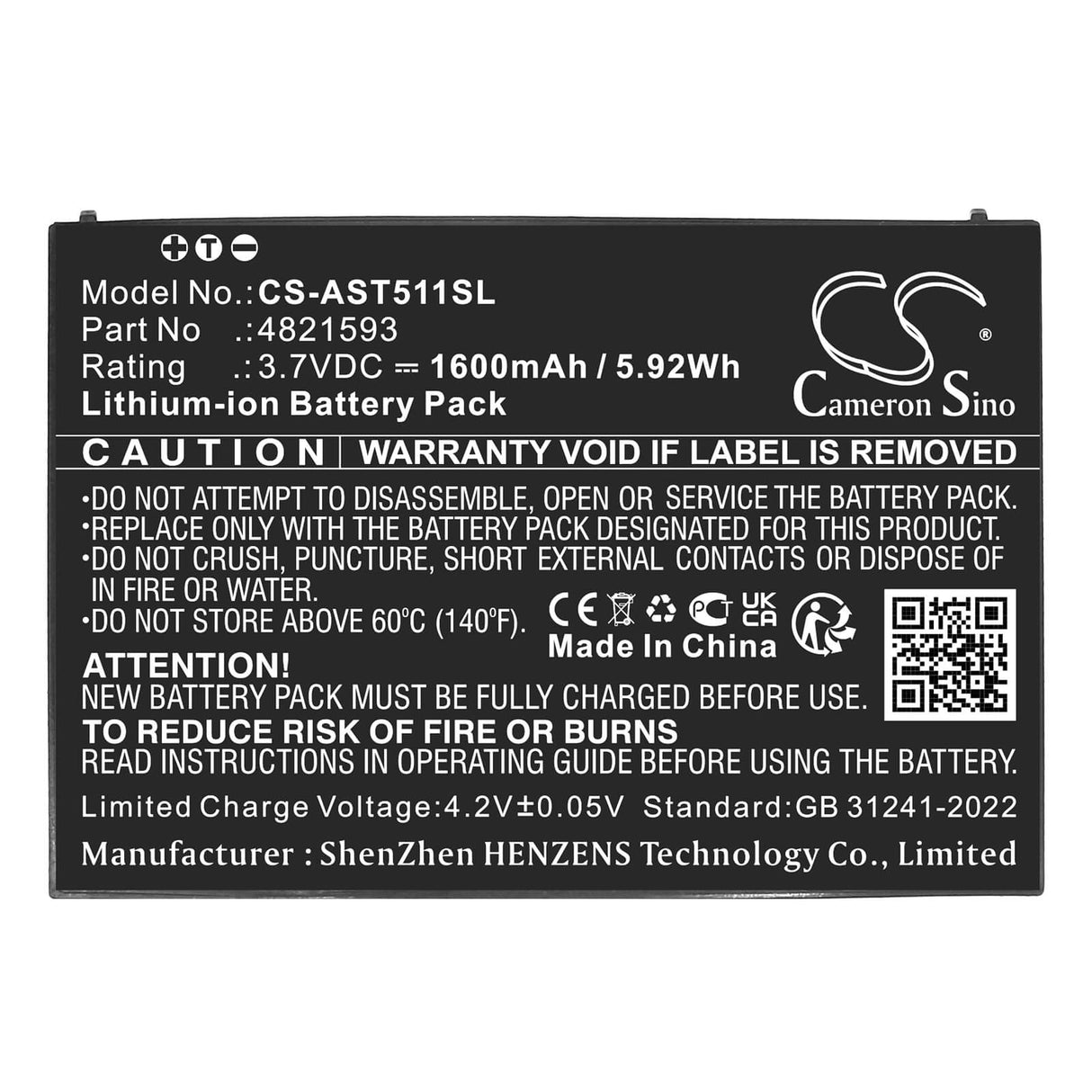 3.7V, Li-ion, 1600mAh, Alarm System battery fits Assa Abloy, 4821593, Vingcard Elsafe, Vot1511l2r01, 5.92Wh Alarm System Cameron Sino Technology Limited