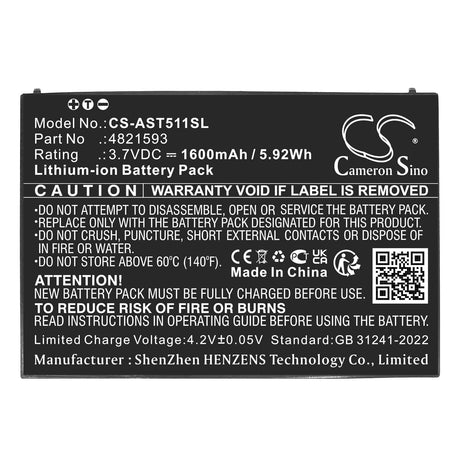 3.7V, Li-ion, 1600mAh, Alarm System battery fits Assa Abloy, 4821593, Vingcard Elsafe, Vot1511l2r01, 5.92Wh Alarm System Cameron Sino Technology Limited