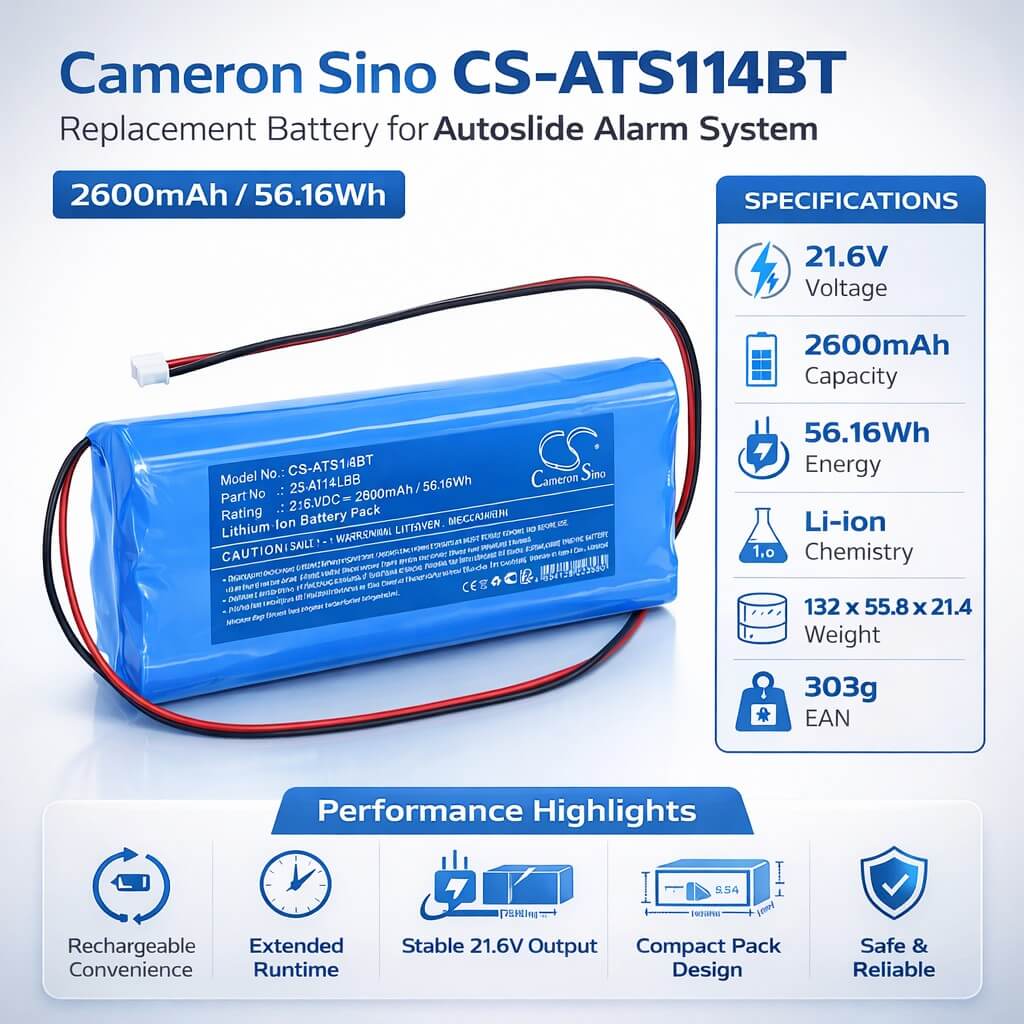 21.6V, Li-ion, 2600mAh, Alarm System battery fits Autoslide, AS0114LBB, MultiDrive, Multidrive sliding, 56.16Wh Alarm System Cameron Sino Technology Limited