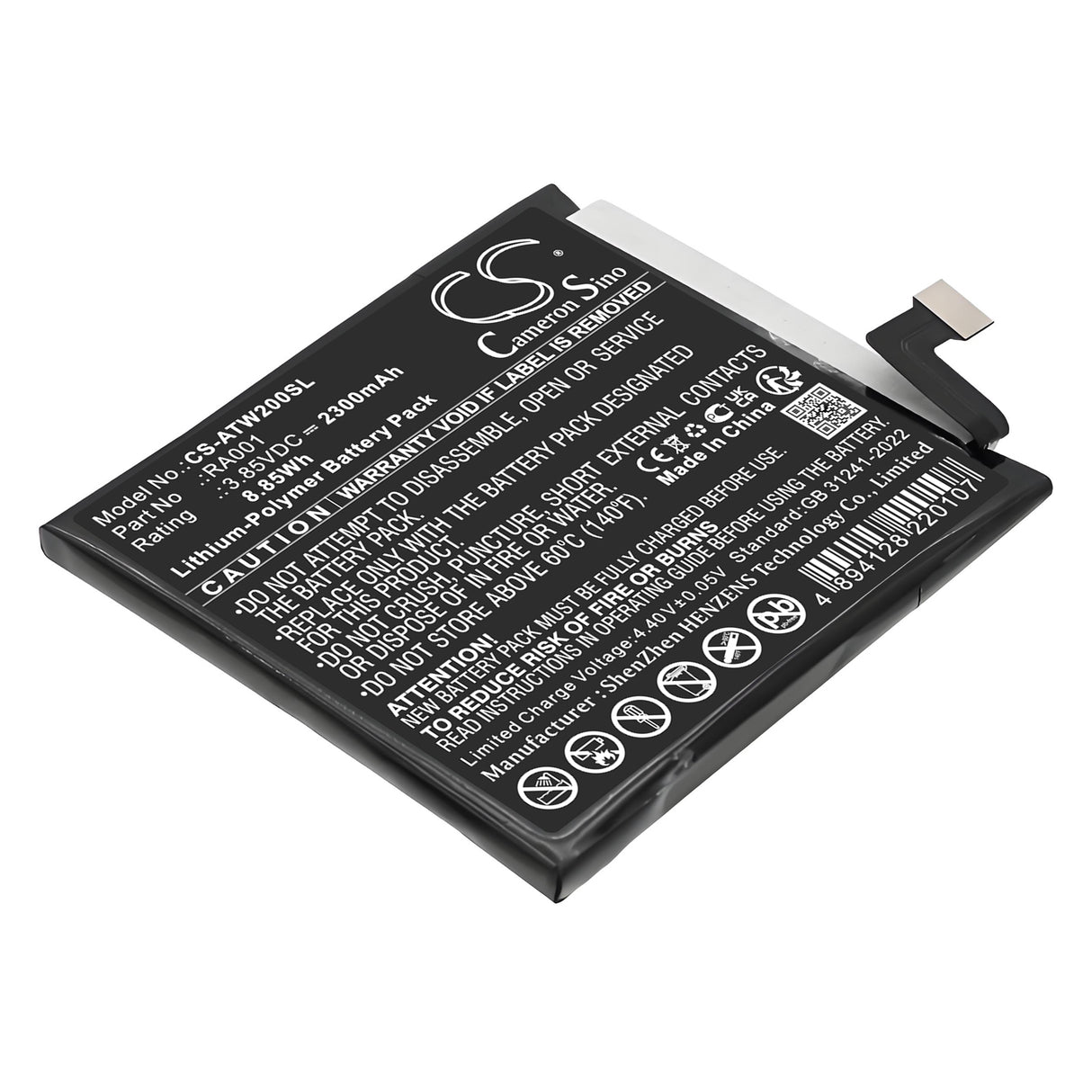 3.85V, Li-Polymer, 2300mAh, Mobile, SmartPhone battery fits At&T, RA001, Vista, WTATTRW2, 8.85Wh Mobile, SmartPhone Cameron Sino Technology Limited