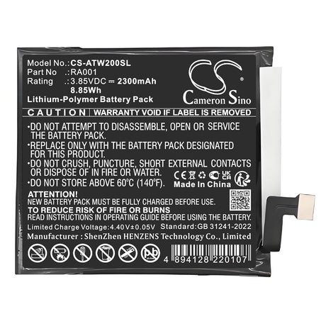 3.85V, Li-Polymer, 2300mAh, Mobile, SmartPhone battery fits At&T, RA001, Vista, WTATTRW2, 8.85Wh Mobile, SmartPhone Cameron Sino Technology Limited