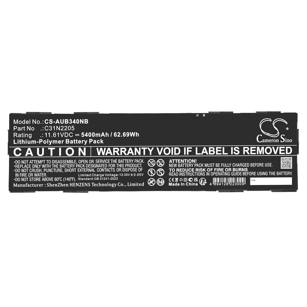11.61V, Li-Polymer, 5400mAh, Notebook, Laptop battery fits Asus, 0B200-04010000, B3404CV, CM3401FFA, 62.69Wh Notebook, Laptop Cameron Sino Technology Limited