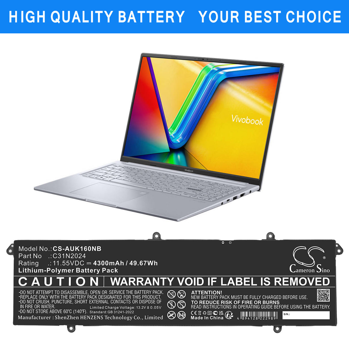 11.55V, Li-Polymer, 4300mAh, Notebook, Laptop battery fits Asus, 0B200-04070000, VivoBook 16X K3605VC, 49.67Wh Notebook, Laptop Cameron Sino Technology Limited