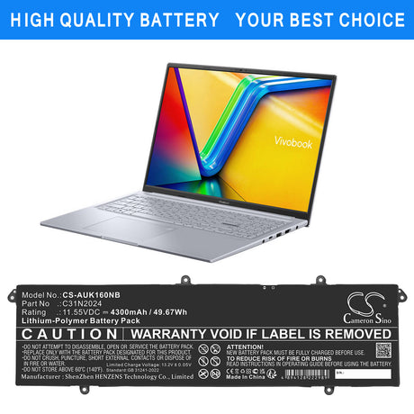 11.55V, Li-Polymer, 4300mAh, Notebook, Laptop battery fits Asus, 0B200-04070000, VivoBook 16X K3605VC, 49.67Wh Notebook, Laptop Cameron Sino Technology Limited