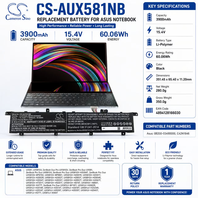 Notebook Battery For Asus, Ux581, Ux581gv, Zenbook Duo Pro Ux581gv 15.4v, 3900mah - 60.06wh Notebook, Laptop Cameron Sino Technology Limited