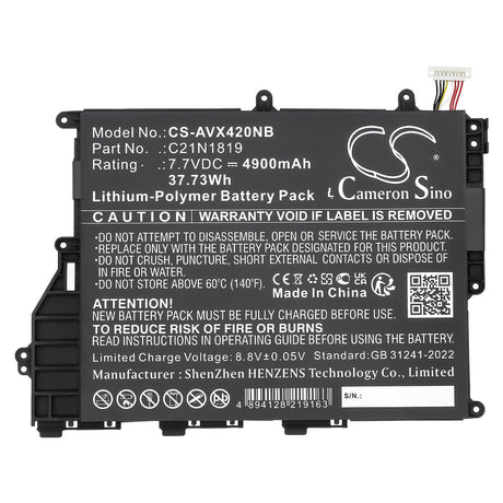 7.7V, Li-Polymer, 4900mAh, Notebook, Laptop battery fits Asus, 0B200-03200000, A420UA, A420UA-EK115T, 37.73Wh Notebook, Laptop Cameron Sino Technology Limited
