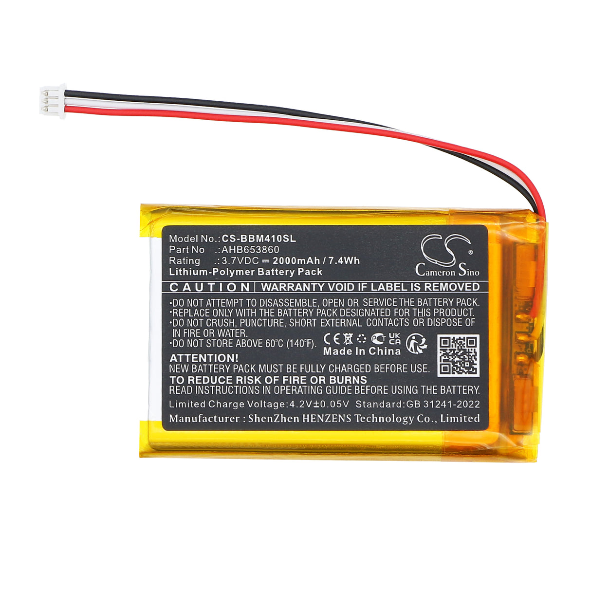 3.7V, Li-Polymer, 2000mAh, BabyPhone battery fits JSLBtech, AHB653860, Video Baby Monitor, 7.4Wh BabyPhone Cameron Sino Technology Limited