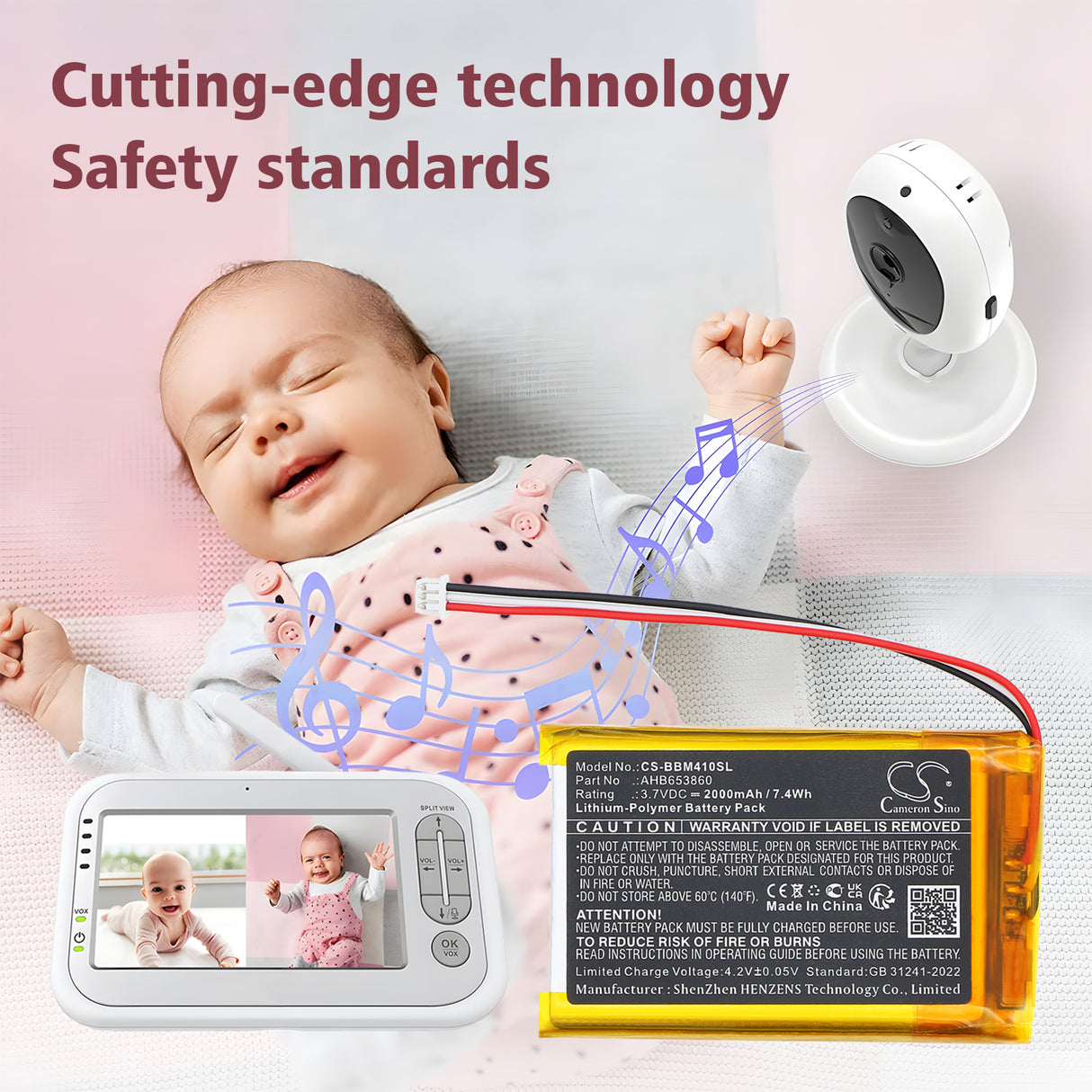 3.7V, Li-Polymer, 2000mAh, BabyPhone battery fits JSLBtech, AHB653860, Video Baby Monitor, 7.4Wh BabyPhone Cameron Sino Technology Limited