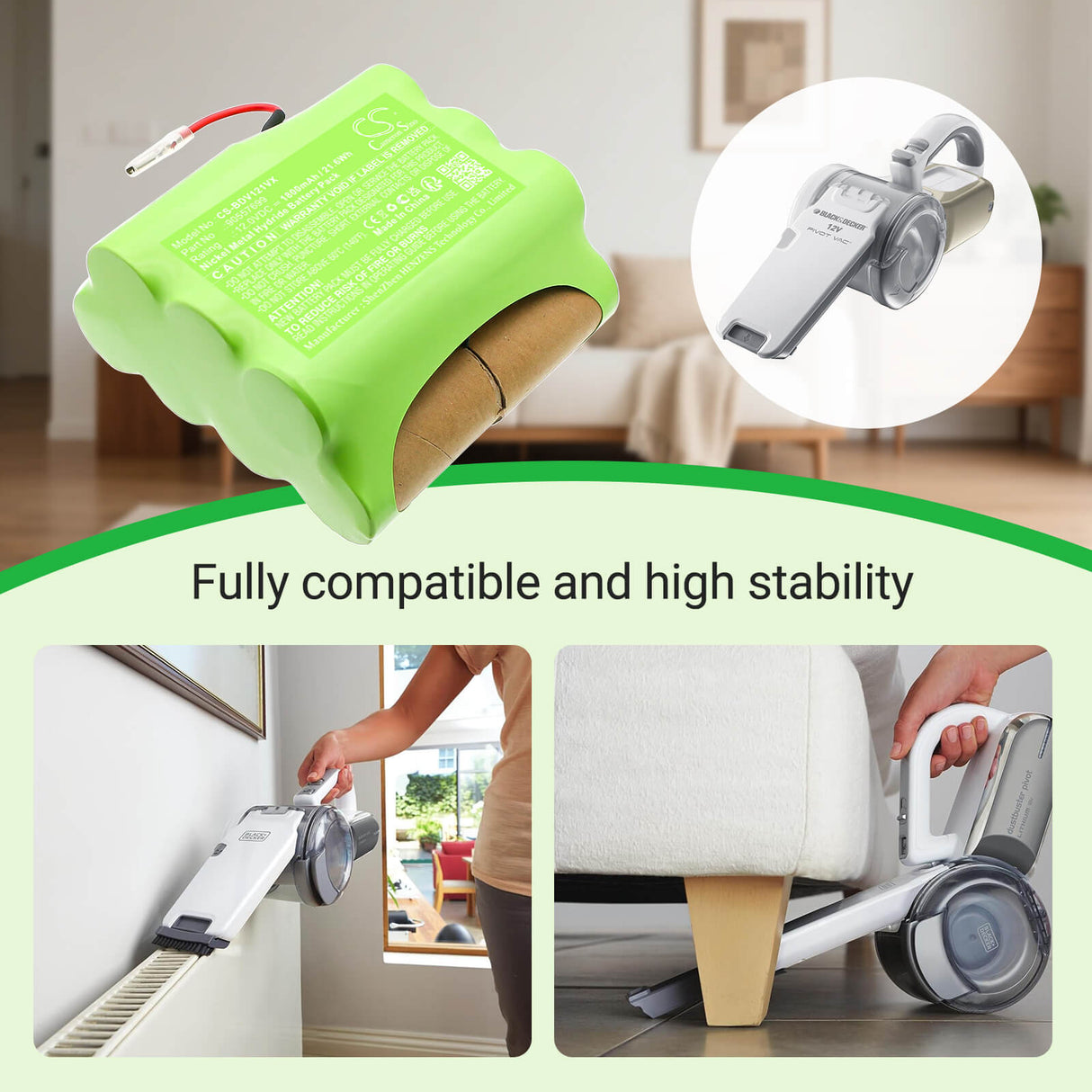 12.0V, Ni-MH, 1800mAh, Power Tools battery fits Black & Decker, 90557699, PHV1210, PIVOT VAC 12V, 21.6Wh Vacuum Battery Cameron Sino Technology Limited