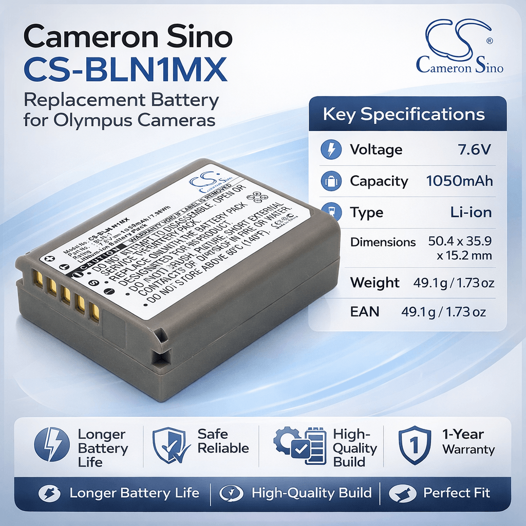 7.6V, Li-ion, 1050mAh, Camera battery fits Olympus, Bln-1, Em1 Ii, E-m1 Ii, 7.98Wh Camera Cameron Sino Technology Limited (Camera)