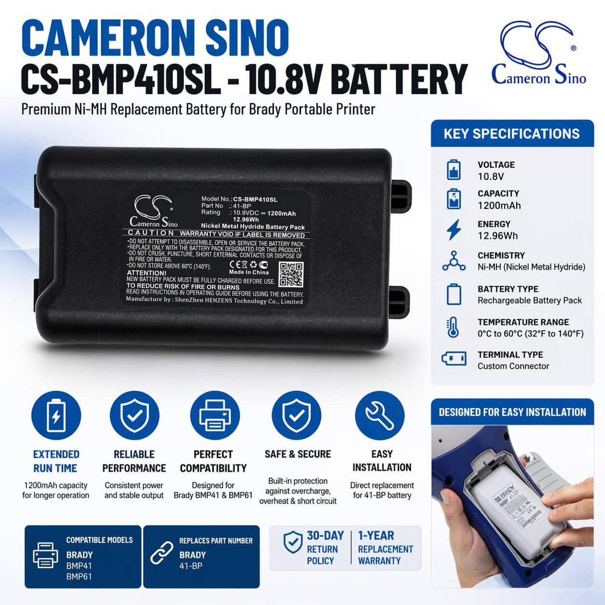 Cameron Sino CS-BMP410SL Replacement Battery for Brady BMP41 & BMP61 – 10.8V 1200mAh Ni-MH Portable Printer Cameron Sino Technology Limited