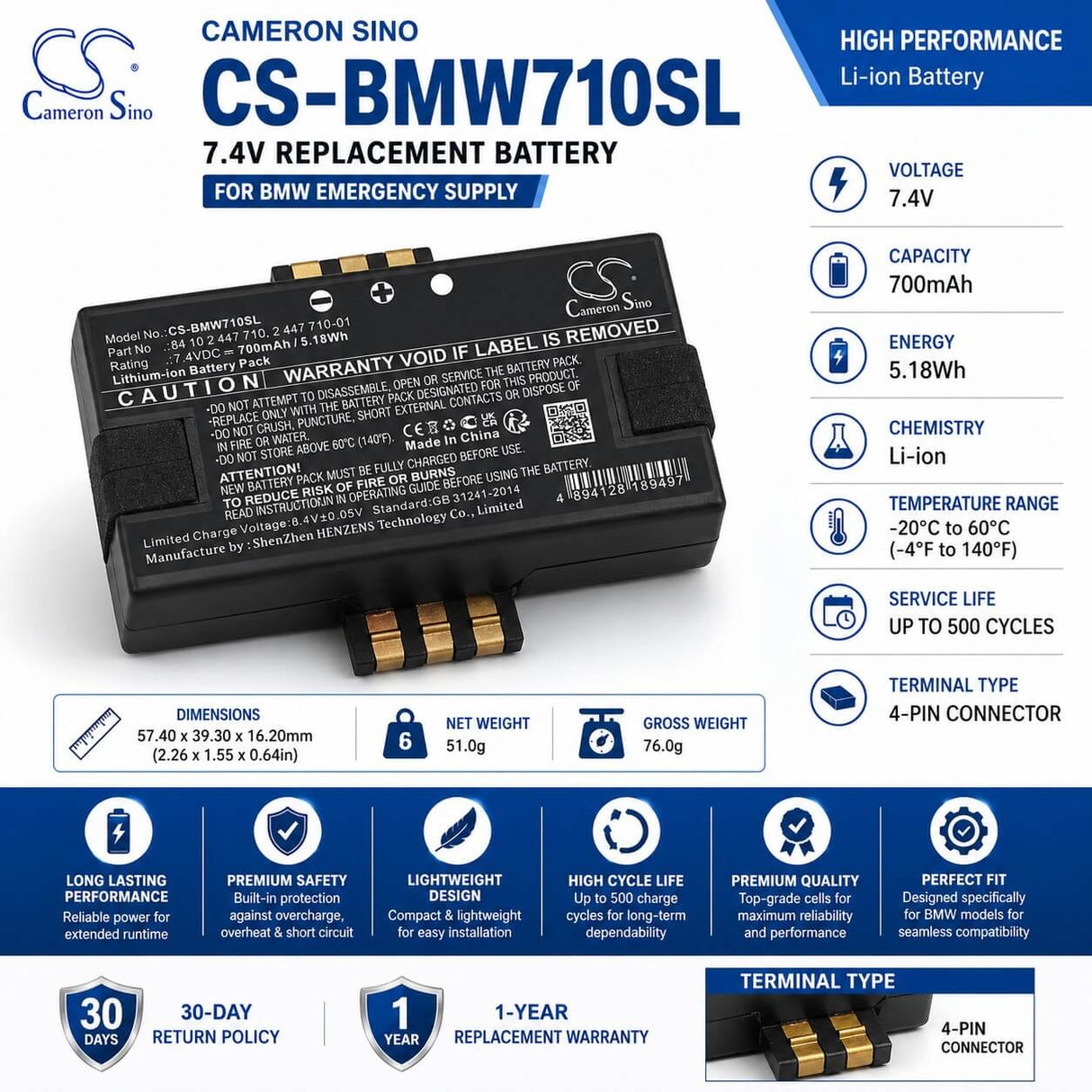 7.4V, Li-ion, 700mAh, Emergency Supply battery fits Bmw, 2 447 710-01, 118i 2018, 118i 2019, 5.18Wh Emergency Supply Cameron Sino Technology Limited