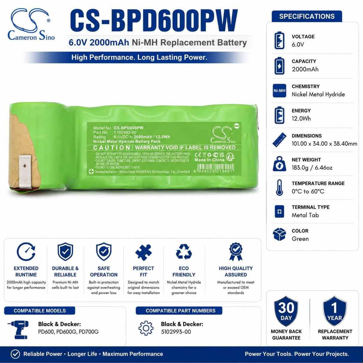6.0V, Ni-MH, 2000mAh, Power Tools battery fits Black & Decker, 5102993-00, PD600, PD600G, 12.0Wh Power Tools Cameron Sino Technology Limited
