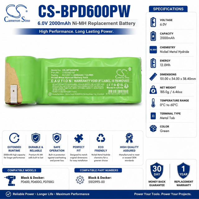 6.0V, Ni-MH, 2000mAh, Power Tools battery fits Black & Decker, 5102993-00, PD600, PD600G, 12.0Wh Power Tools Cameron Sino Technology Limited