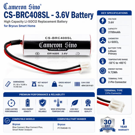 3.6V, Li-SOCl2, 2700mAh, Smart Home battery fits Brycus, P1704048-15, Blue Connect, Blue Connect Plus, 9.72Wh Smart Home Cameron Sino Technology Limited