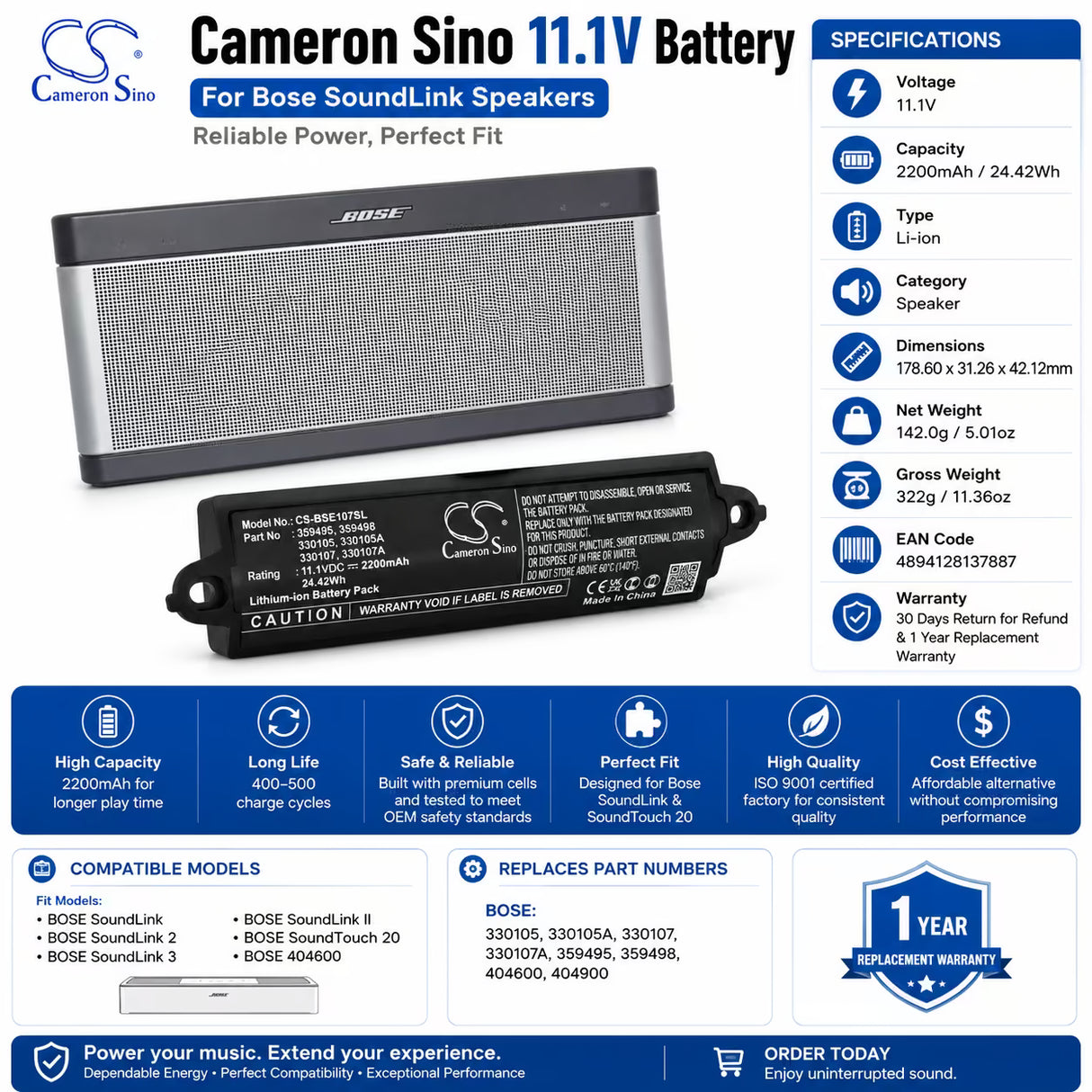 11.1V, Li-ion, 2200mAh, Speaker battery fits Bose, 404600, Soundlink, 24.42Wh Speaker Cameron Sino Technology Limited