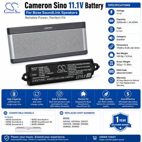 11.1V, Li-ion, 2200mAh, Speaker battery fits Bose, 404600, Soundlink, 24.42Wh Speaker Cameron Sino Technology Limited