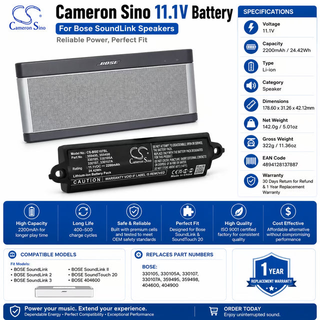 11.1V, Li-ion, 2200mAh, Speaker battery fits Bose, 404600, Soundlink, 24.42Wh Speaker Cameron Sino Technology Limited