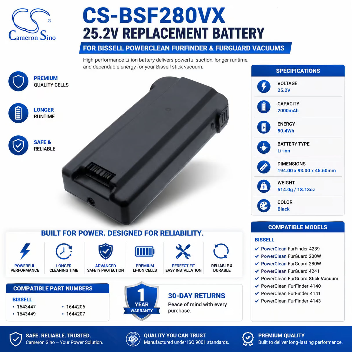 Bissell 1643447 1644206 Battery Replacement 25.2V 2000mAh Vacuum Cameron Sino Technology Limited