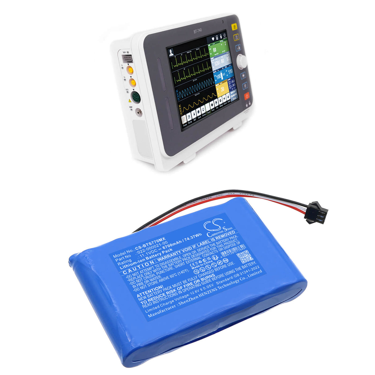 11.1V, Li-ion, 6700mAh, Medical battery fits Bistos, 022-000021-00, Bt740 Pulse Oximeter, Bt-740 Pulse Oximeter, 74.37Wh Medical Cameron Sino Technology Limited (Medical)