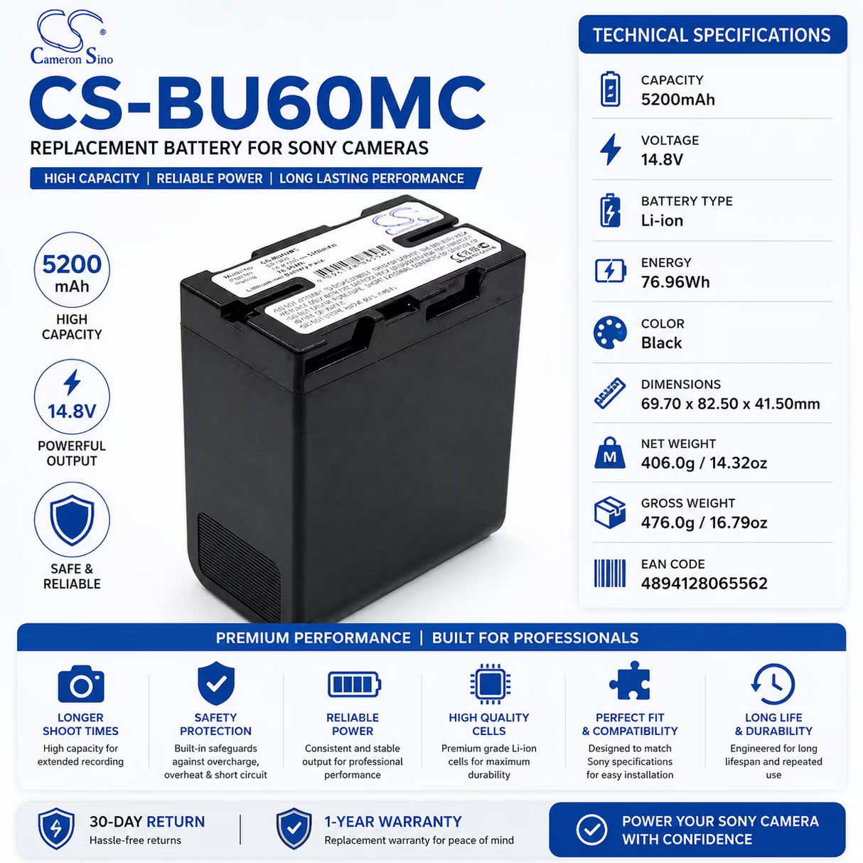 14.8V, Li-ion, 5200mAh, Camera battery fits Sony, Bp-u60, Hd422, Pmw-100, 76.96Wh Camera Cameron Sino Technology Limited (Camera)