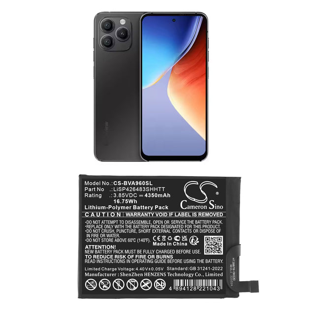3.85V, Li-Polymer, 4350mAh, Mobile, SmartPhone battery fits Blackview, LiSP426483SHHTT, A96, 16.75Wh Mobile, SmartPhone Cameron Sino Technology Limited